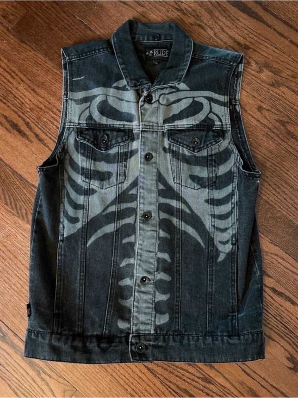 XXX RUDE Men's Black Denim Vest with Gray Skeleton Print